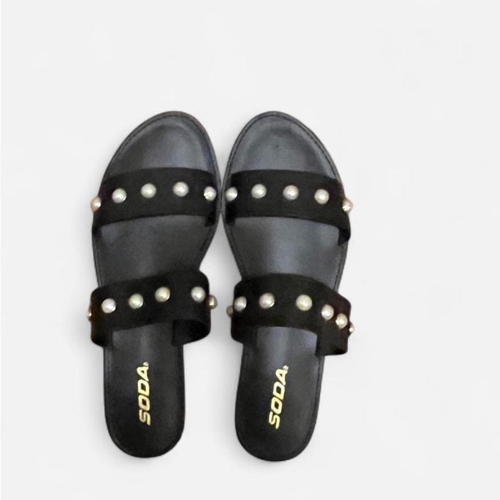 Soda Black Studded Sandals Slip-On Flat